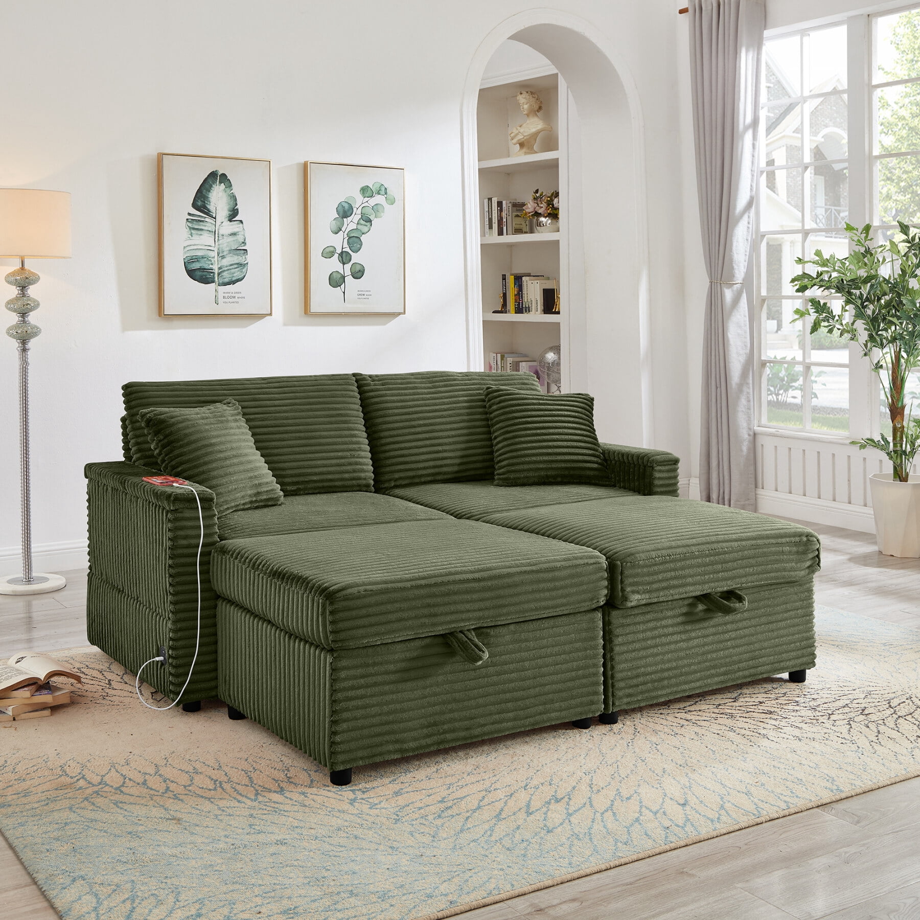 68" Double Chaise Lounges Indoor, Chenille Upholstered Loveseat Sofa Bed with Charging Station, Hidden Table Armrests and Storage Ottomans for Living Room, Green