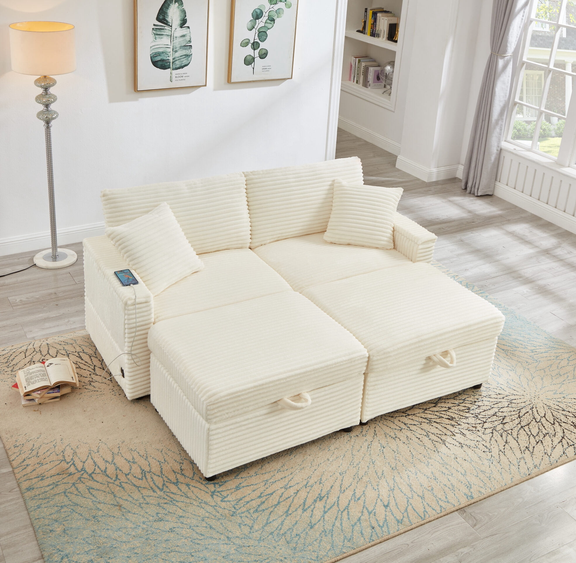 68" Double Chaise Lounges Indoor, Chenille Upholstered Loveseat Sofa Bed with Charging Station, Hidden Table Armrests and Storage Ottomans for Living Room, White