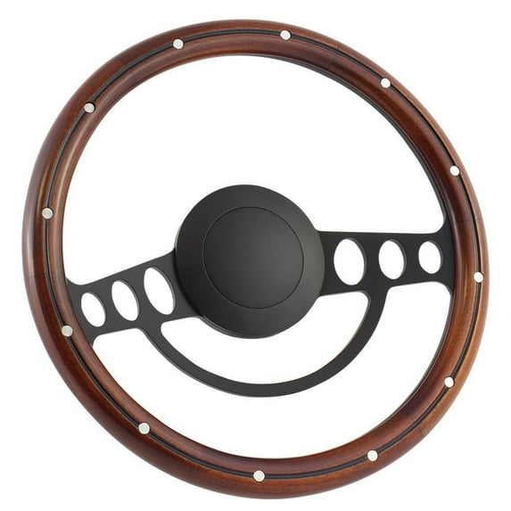 68 FORD Pick-up 14 Inch Black (9 Hole) Classic Steering Wheel Mahogany Wood with Aluminum Rivets Half Wrap