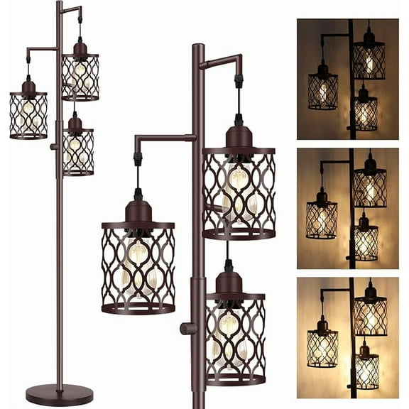MY 68" Farmhouse Floor lamp, Dimmable Industrial Floor Lamps for Living Room, 3 Light Rustic Standing Tall Lamp Including 3 PCS 6W E26 Bulbs, Tree Floor Lamp for Bedrooms Room, Office, Bar, Brown