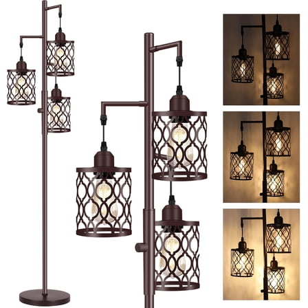 HearthHarmony Dimmable Industrial Floor Lamps for Living Room, 3 Light Rustic Standing Tall Lamp Including 3 PCS 6W E26 Bulbs, Tree Floor Lamp for Bedrooms Room, Office, Bar, Brown