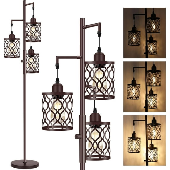 HearthHarmony Dimmable Industrial Floor Lamps for Living Room, 3 Light Rustic Standing Tall Lamp Including 3 PCS 6W E26 Bulbs, Tree Floor Lamp for Bedrooms Room, Office, Bar, Brown
