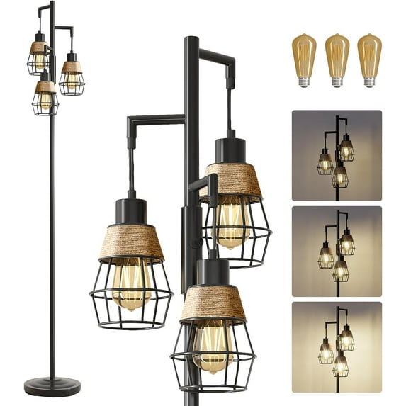 68" Industrial Floor Lamp, Standing Lamp with 3 Bulbs, Farmhouse Corner Standing Tree Lamp for Living Room, Tall Lamps for Bedroom, Office, Study Room, Dining Room, Black