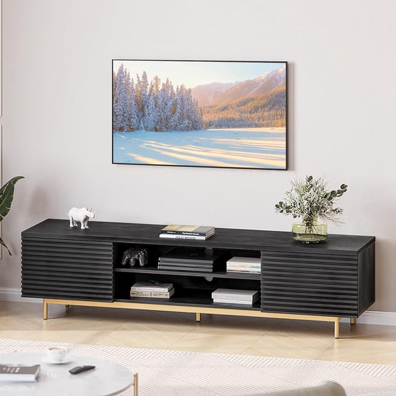 68" Fluted TV Stand for TVs up to 75 Inches, Modern Entertainment Center with Storage Cabinet and Slatted Door, Ebony Finish