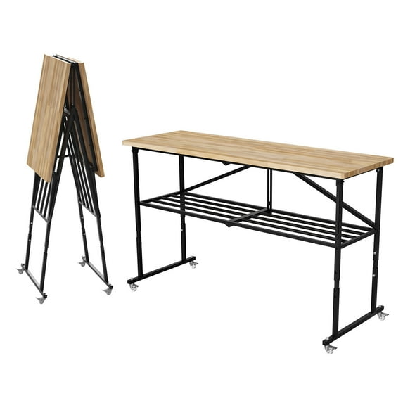68" Folding Workbench with 1.5" Thick Hardwood Top, 2000 LBS Heavy Duty Adjustable Height Garage Work Table with Locking Wheels for Shop, Office, Crafting
