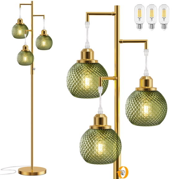 68" Glass Floor Lamps for Living Room, Modern Standing Lamp with Stepless Dimmable for Bedroom Home Office, Rotary Switch, Gold Green