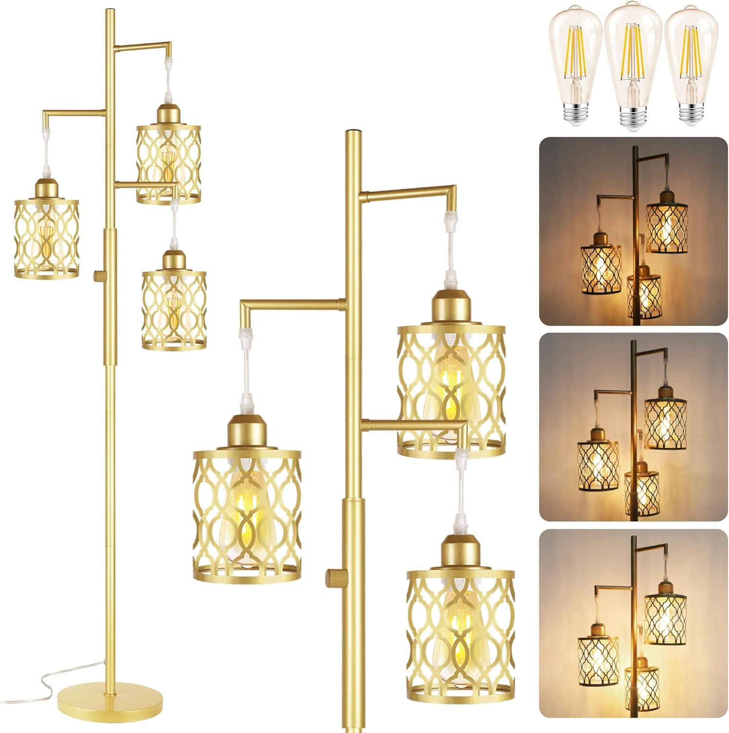 68" Gold Floor Lamp, Dimmable Industrial Floor Lamps for Living Room, 3 Light Rustic Standing Tall Lamp Including 3 PCS 6W E26 Bulbs, Farmhouse Tree Floor Lamp for Bedrooms, Office, Bar