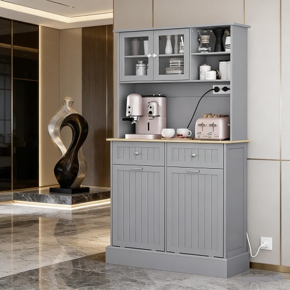 68" Gray Kitchen Pantry Cabinet with Charging Station, 2 Tilt-Out Trash Cabinets, Microwave Stand and Glass Doors for Organized Kitchen