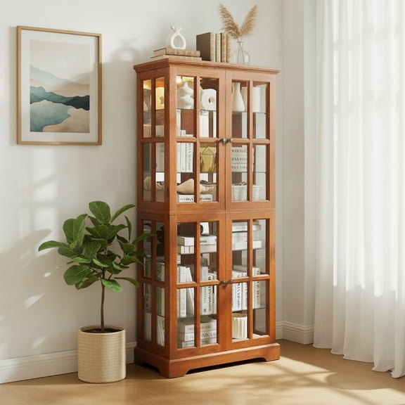 68"H Lighted Curio Cabinet, Display Cabinet with 4 Glass Door and 4 Adjustable Shelves, China Cabinet for Home or Office Decor, Dark Oak