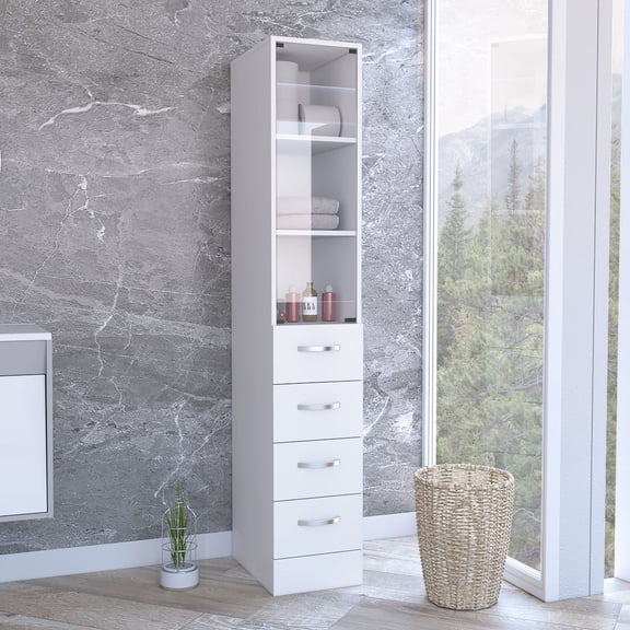 68" H Linen Cabinet In White, 4 Drawers And 3 Shelves, Freestanding Bathroom Unit, Particle Board, Comes With Effortless-to-manufacture Interlocking Mechanism Pre-drilled Holes 69.16" Drawers,