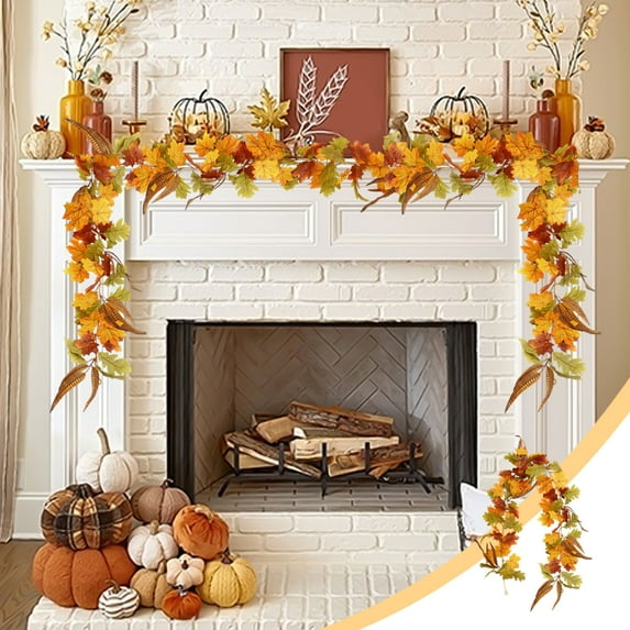 68" Halloween Garland with Pumpkins & Maple Leaves - Fall Thanksgiving Decor for Fireplace, Staircase & Wall - Christmas Party Rustic Rattan Vine