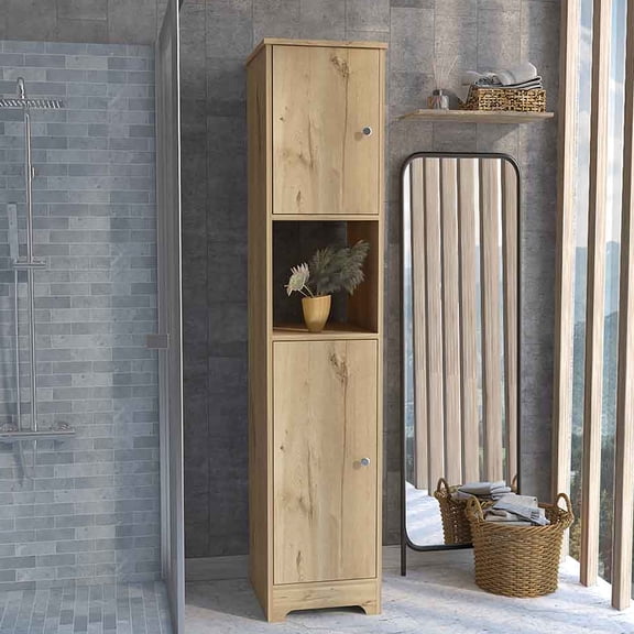 68" High Storage Cabinet with Two Cabinets and Concealed Shelves | Great for Organizing Belongings | Experience Neatness in Light Oak