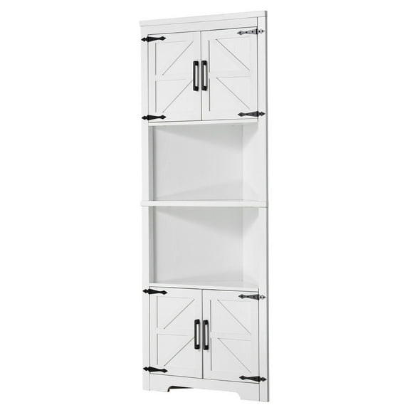 68 Inch Corner Storage Cabinet with 4 Wooden Doors - White Freestanding Organizer with Adjustable Shelves for Bathroom, Bedroom, Kitchen & Laundry Room