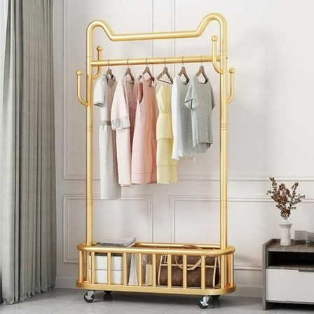 68 Inch Floor Clothes Rack with Storage Basket, Mobile Clothing Rack with Hooks Standing Open Coat Rack on Wheels Gold for Bedroom Living Room Bathroom