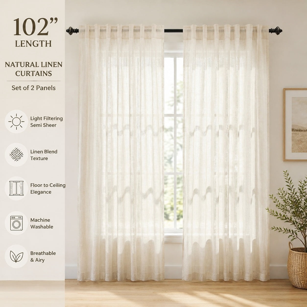 68 Inch Linen Curtains Lightweight Semi Sheer Light Filtering Back Tab ...