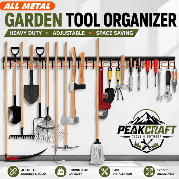 68 Inch All Metal Garden Tool Organizer Wall Mount, Adjustable Garage Storage System with Heavy Duty Hooks, Garage Organizers and Storage for Shovels, Rakes, Brooms, Bikes, Shed & Garden Tools