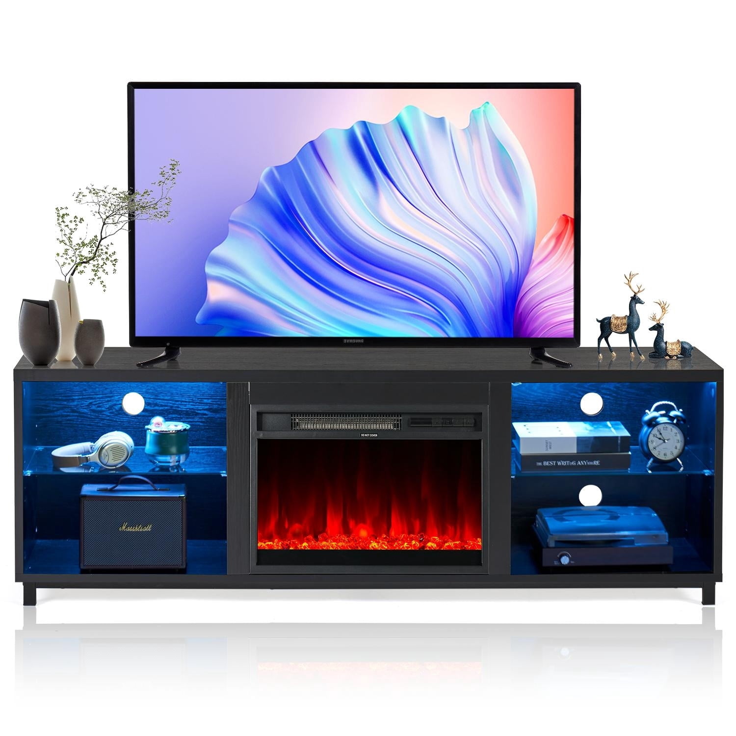 68 Inch Modern Fireplace TV Stand with Electric Fireplace Black ...