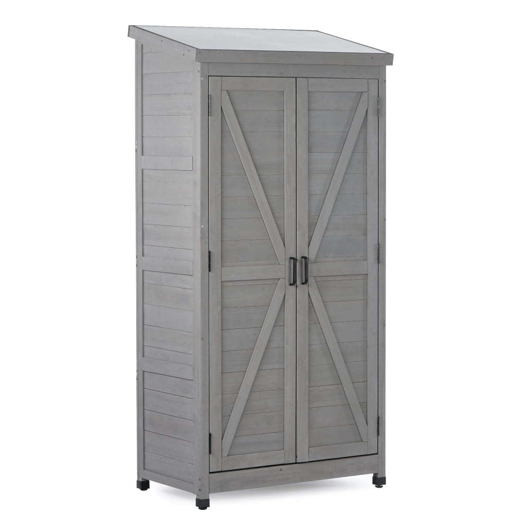 68" Cedar Wood Outdoor Storage Cabinet with Metal Top - Gray Garden Shed for Patio, Deck, Yard - Durable, Waterproof, Magnetic Closure
