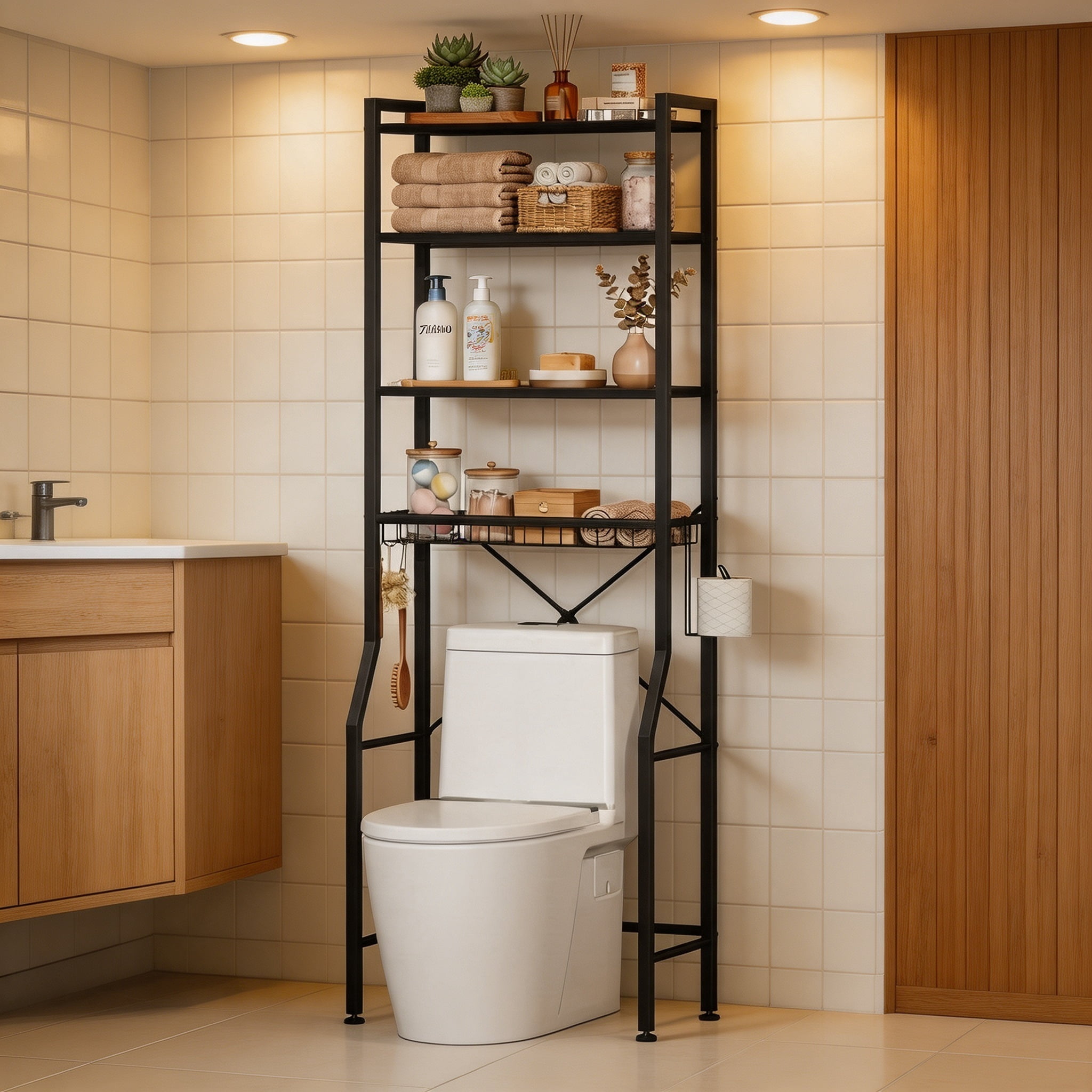 68-Inch Over-The-Toilet Bathroom Storage Rack, Iron and Wood Shelving ...