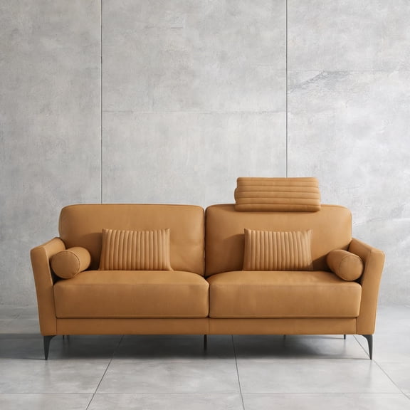 68-Inch Two-Seat Saddle Tan Italian Leather Loveseat, Made in Italy, with 5 Pillows
