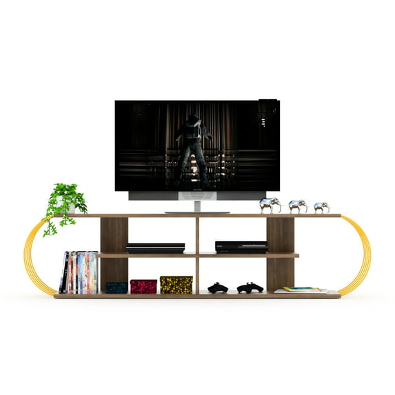 68 Inch Walnut/yellow Tv Stand, Mid Century Modern Entertainment Centre With 4 Shelves Open Storage Solid Wood Shelves,