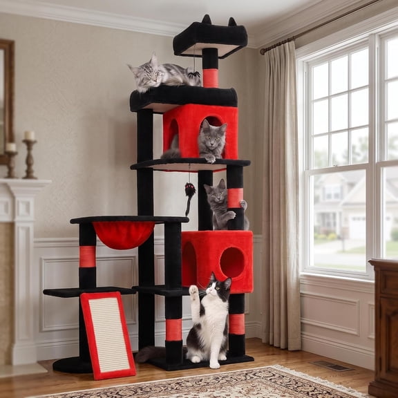 68 Inches Heavy Duty  Tree for Indoor , Big  Tower with Sisal  Posts and Top Perch, Large Platform for Adult Cats, PMT02RD, Black Red