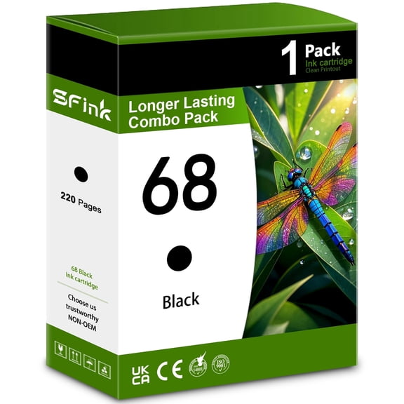 68 Ink（1-Pack Black） Combo Pack Compatible for HP68 Ink Cartridges Work for for Envy 6552e 6555e 6155e 6152e 6558e 6552e 6555e Printers