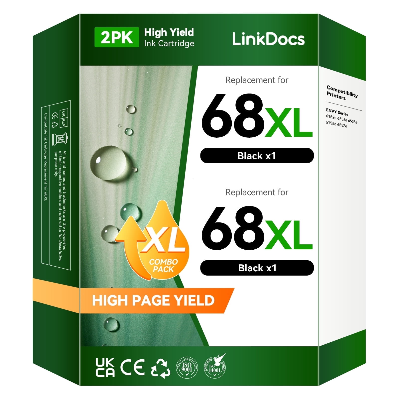 68 Ink Cartridge 2 Black Compatible for 68 Ink Cartridges for Envy 6552e 6555e 6155e 6152e 6558e 6552e 6555e Printers Ink Black