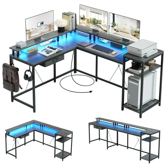 68" L Shaped Gaming Desk, Computer Desk with Power Outlets & LED Lights, Home Office Desk with File Drawer, Corner Desk with Monitor Shelf and Hook, Two Person Desk
