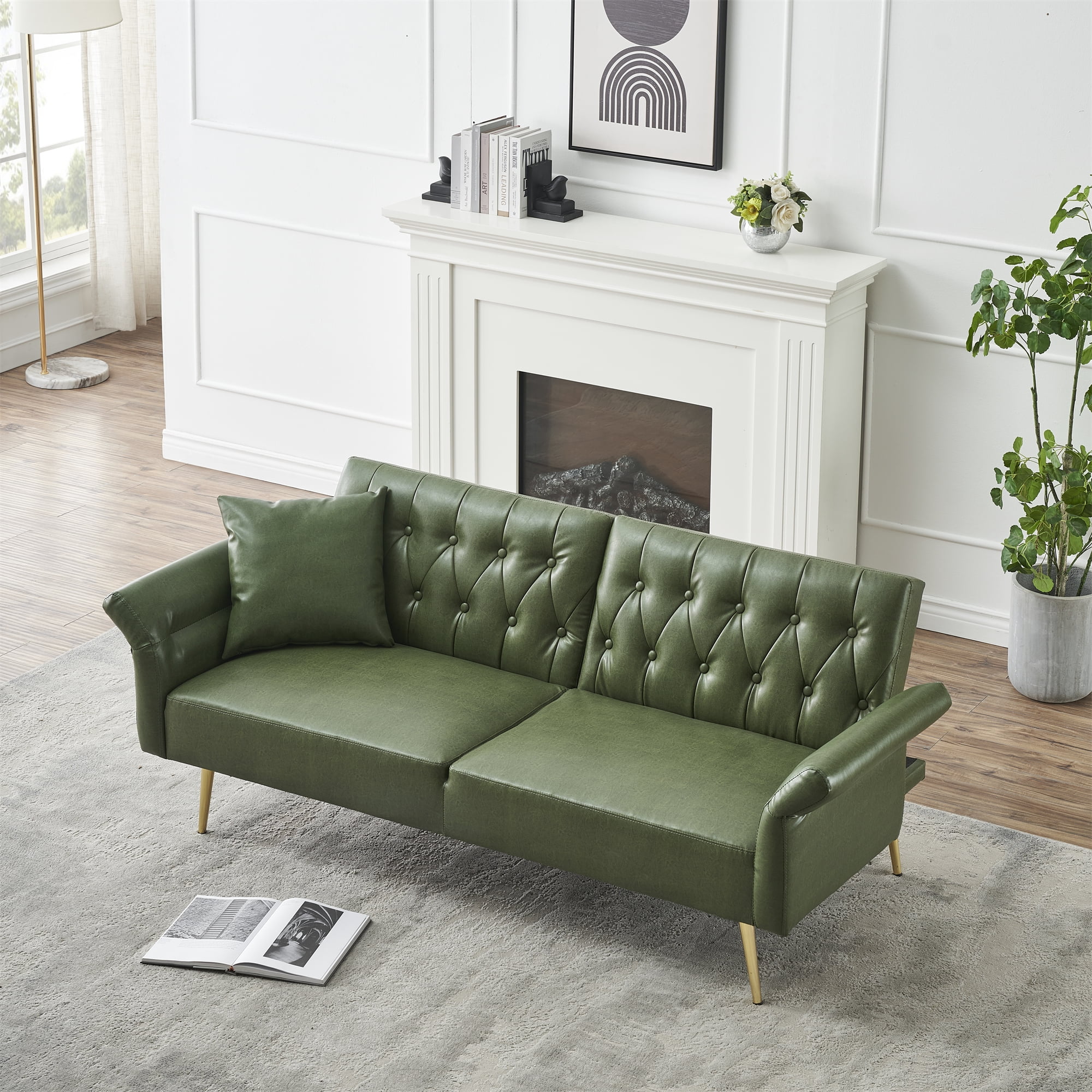 68'' Leather Futon Sofa Bed, Modern Loveseat Sofa with Adjustment Backrest and Armrests, Memory Foam Small Sofa for Compact Living Spaces Apartment Dorm Studio Guest Room Home Office, Green