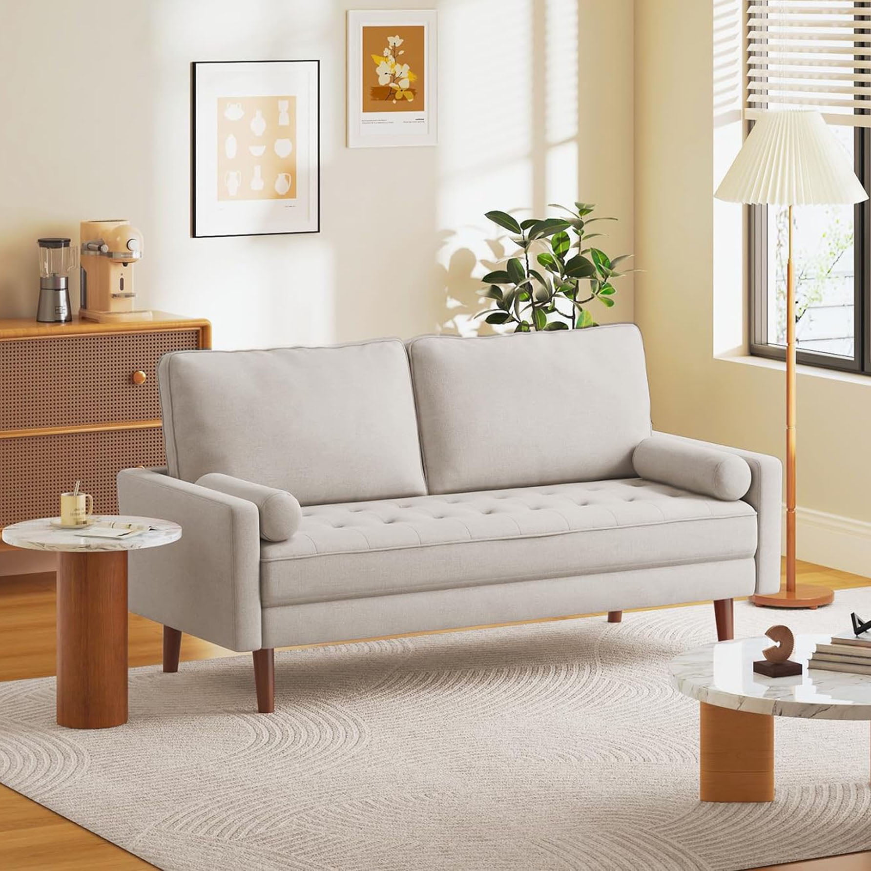 68 Loveseat Sofa Couch Neche Linen Love Seat Sofa Square Arm Mid Century Modern Fabric Couches with 2 Pillows for Living Room Beige