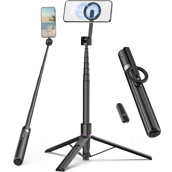 68" Magnetic Selfie Stick Tripod for iPhone,Portable Cell Phone Tripod Stand for Magsafe with Rechargeable Remote, 360 Rotation Aluminum Phone Holder for Video Recording/Live Stream/Travel Black