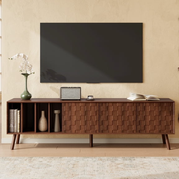 FunMay Mid-Century Modern TV Stand Media Console for TVs Up to 75" with 1 Shelf, Walnut Finish