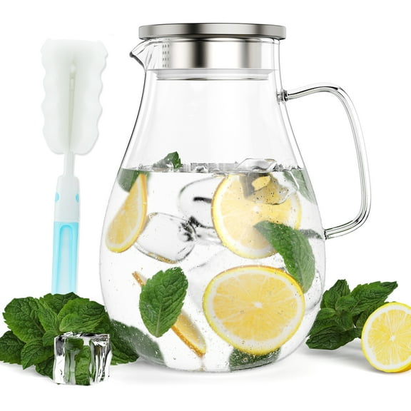 68 OZ Glass Pitcher with Lid, Easy Clean Water Pitcher, Ice Tea Pitcher for Fridge, Glass Pitchers with Handle and Lid for Cold Brew, Iced Tea, Juice, Milk, Hot/Cold Beverages