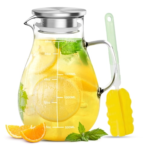 68 oz Glass Pitcher with Lid and Spout, 2 L Heat & Cold Resistant Glass Water Carafe with Precise Scale Line for Hot/Cold Water, Easy to Clean Large Drink Pitcher for Cold and Hot Beverage