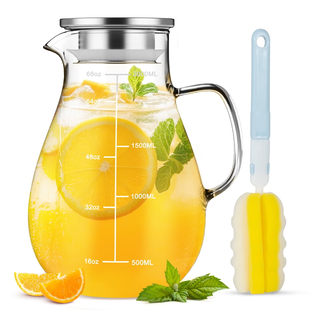 68 oz Glass Pitcher with Lid and Spout, 2 L Heat & Cold Resistant Glass Water Carafe with Precise Scale Line for Hot/Cold Water, Easy to Clean Large Drink Pitcher for Cold and Hot Beverage