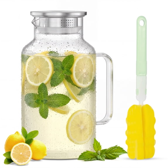 Xueyu 68 oz clear borosilicate glass pitcher with stainless steel filter lid and handle