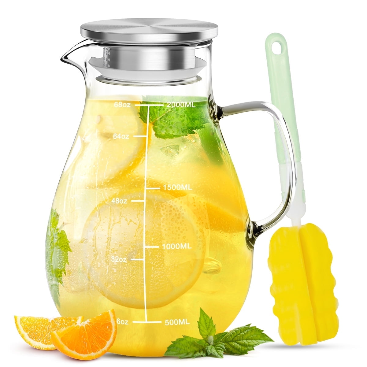 68 oz Water Pitcher with Lid and Spout, 2L Heat & Cold Resistant Glass Water Carafe with Precise Scale Line, Easy to Clean Thickened Borosilicate Glass Jug for Cold and Hot Beverage