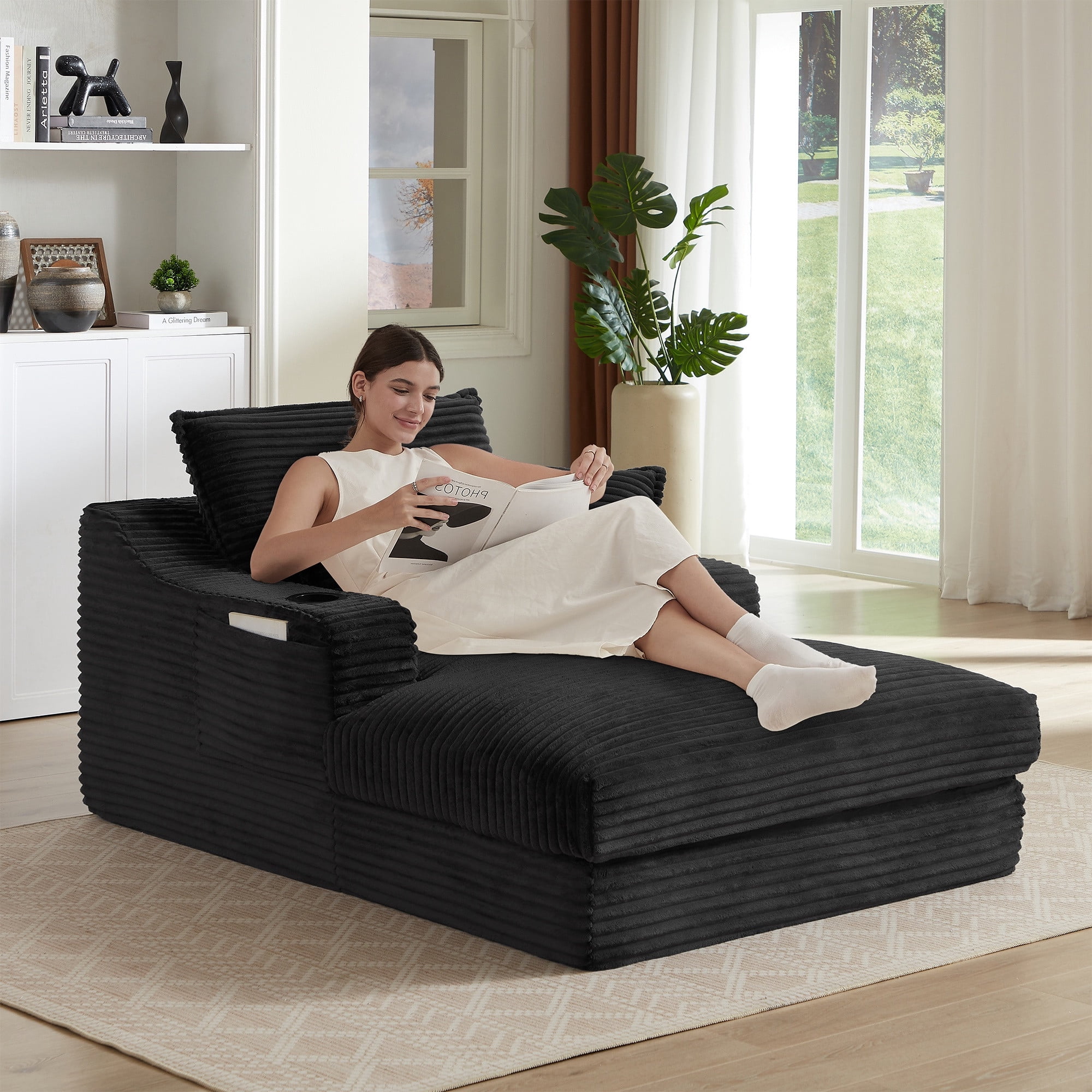 68" Oversized Chaise Lounge Chair Indoor, Holaki Corduroy Upholstered ...