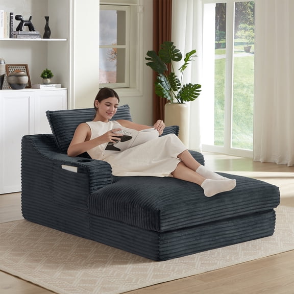 68" Oversized Chaise Lounge Chair Indoor, Holaki Corduroy Upholstered Boneless Sofa Bed with 2 Cup Holder & Throw Pillow, Comfy Cloud Sofas Couch for Living Room, No Assembly Required, Dark Gray