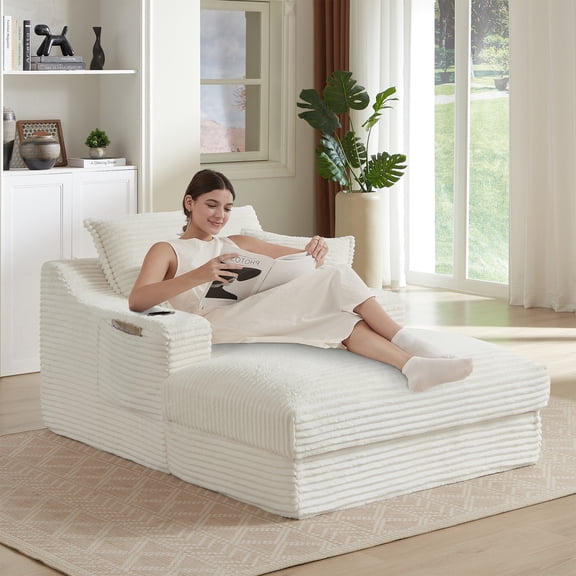 68" Oversized Chaise Lounge Chair Indoor, Holaki Corduroy Upholstered Boneless Sofa Bed with 2 Cup Holder & Throw Pillow, Comfy Cloud Sofas Couch for Living Room, No Assembly Required, White
