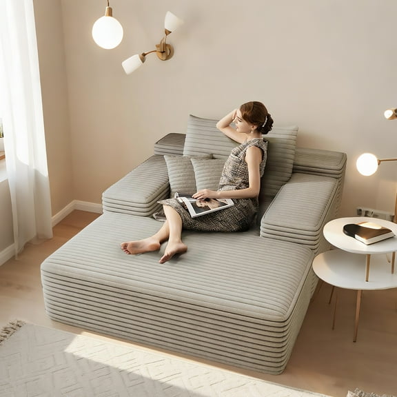 68" Oversized Chaise Lounge Chair Indoor, Upholstered Sofa Bed with Fluffy Faux Fur, Plush Cloud Sofa Sleeper Couch for Living Room, Comfy Lounge Chair (Camel)