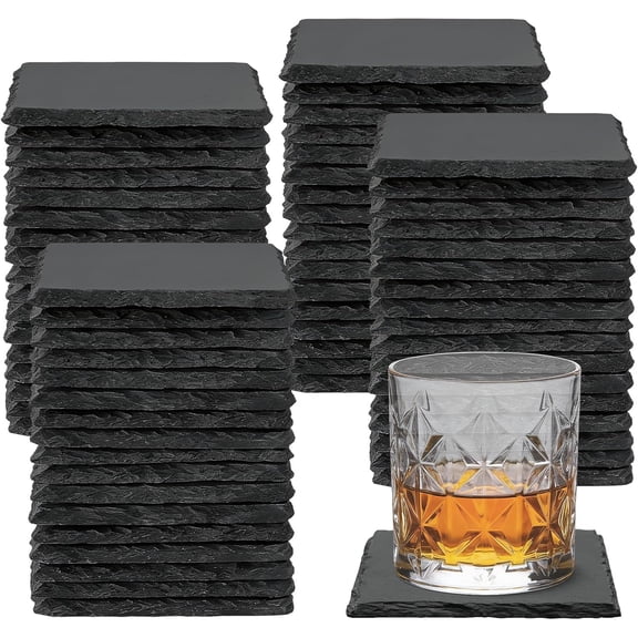 68 PCS Square Slate Drink Coasters Set,  4 Inch Laser Engraving Black Slate Stone Coasters with Anti-Scratch Bottom and Coaster Holder for Office Bar Kitchen Home Dinner Table Decor Supplies