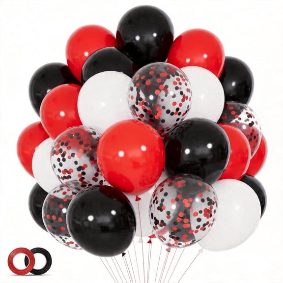 68-Pack Red Black and White Latex Balloons with Confetti, 12-Inch Kit for Poker Theme and Graduation, Includes Choking Hazard Warning, 1 Count, Multicolor