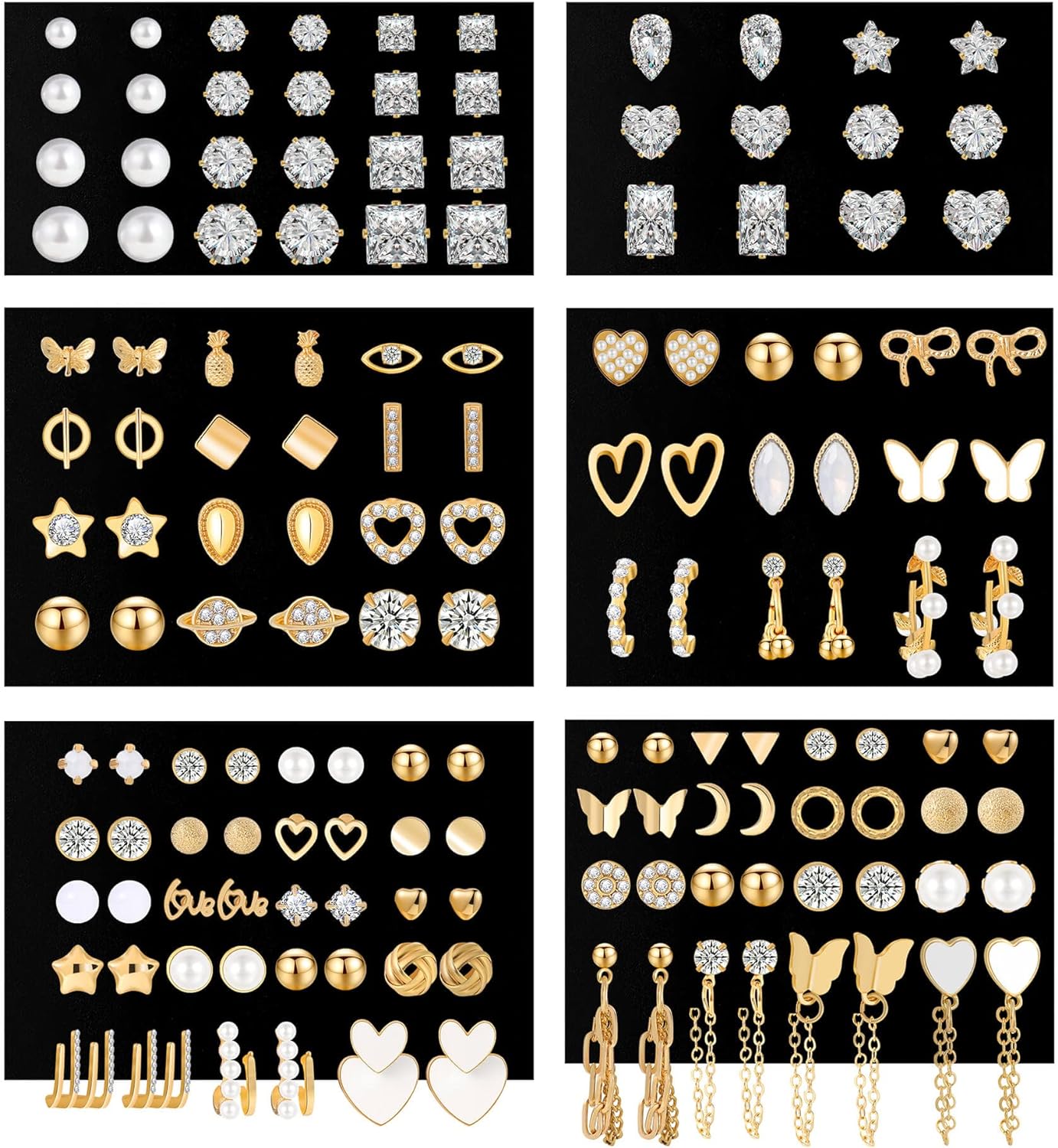 POFO 68 Pairs Gold Stud Earrings For Women Multipack, Hypoallergenic Assorted Earring Set Multiple Piercings, Cubic Zirconia Pearl Butterfly Stud Hoop Earring Pack[z5652]