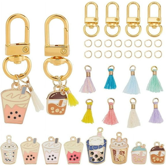 68 Pcs Cup Keychain Making Kit Including 8 Styles Enamel Mini Cup Charms Tea Pendants 8 Colors Tassel Pendants Alloy Swivel Clasps Jump Rings for DIY DIY Keychain Decor Making