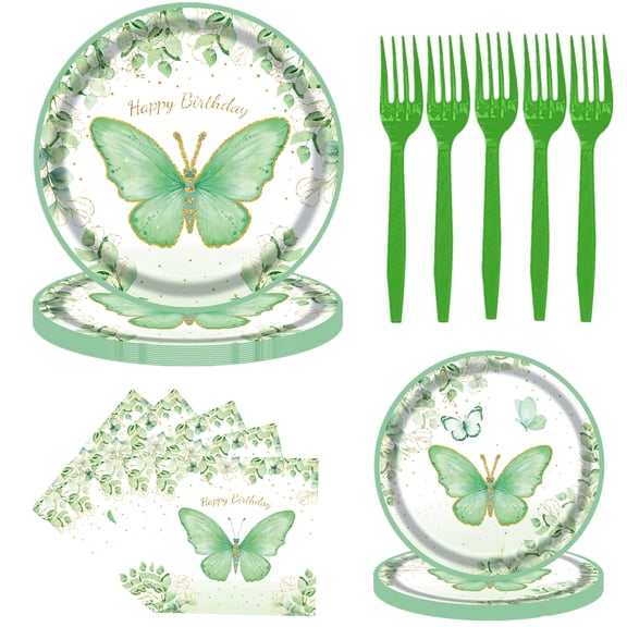 68 Pcs Green Butterfly Flower Birthday Party Supplies, Disposable Tableware Include Dinner Desserts Plate Napkin and Fork, Spring Flower Decorations for Girls, Serve 16 Guests