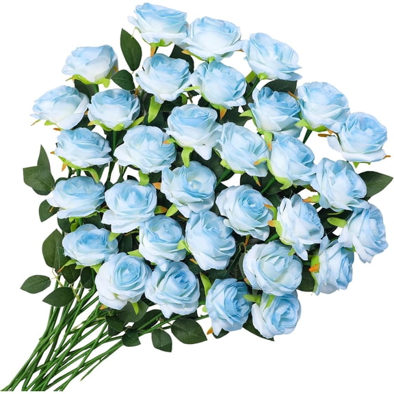 68 Pcs Ice Blue Artificial Roses Fake Flowers,Silk Flowers with Stems for DIY Wedding Bridal Shower Centerpieces Arrangements Tables Decorations