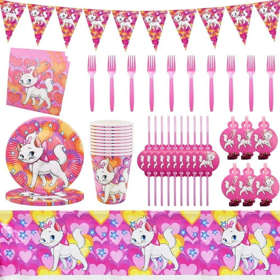 68 Pcs Marie Cat Birthday Party Set Marie Cat Party Tableware Aristocats Party Supplies Plate Cup Triangular Flag Table Cloth Straw Party Fork Party Tableware