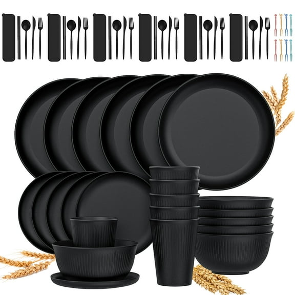 68 Pcs Wheat Straw Dinnerware Sets For 6, Unbreakable Dinnerware Sets, Reusable Wheat Straw Plates and Bowls Sets, Travel Camping Cutlery Set, Dishwasher Microwave Safe Dinnerware, Black
